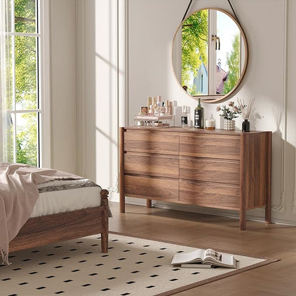 CHUWELL Dresser for Bedroom, 47" Wide Mid Century Modern Chest of Drawers with 6 Large Storage Space and 4 Solid Wood Cylindrical Legs, 6 Drawer Large Dresser for Bedroom(Walnut)