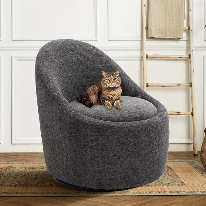 360° Swivel Accent Chair, Mid-Century Modern Chair with Hidden Storge, Small Swivel Chair with Arms for Living Room/Office-Dark Grey