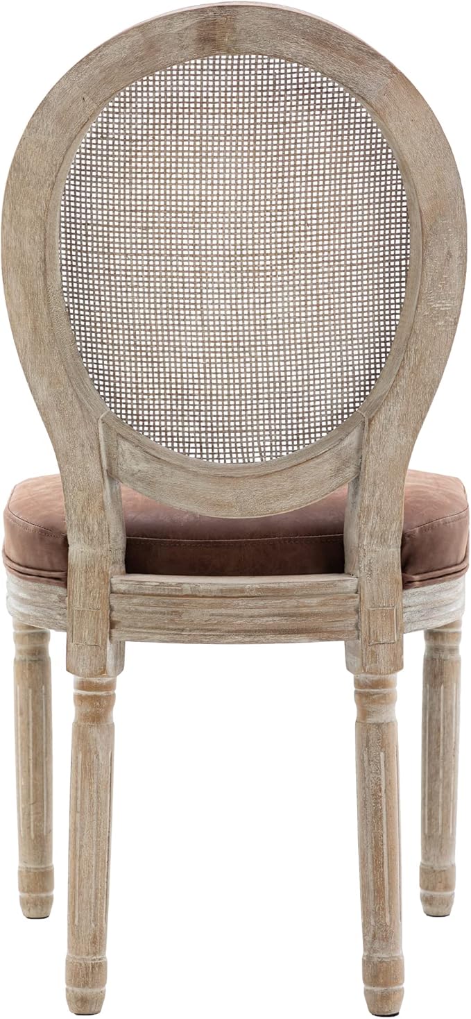 Farmhouse Leather Dining Room Chairs Set of 6 French Dining Chairs with Round Rattan Back French Bistro Chairs for Dining Room/Living Room/Kitchen/Restaurant, Brown