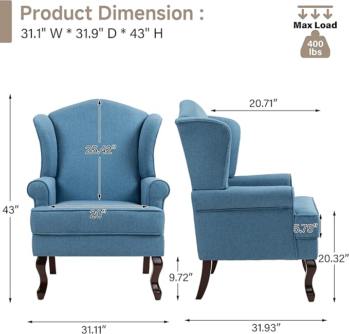Pia Ricco High Back Floral Accent Chair, Upholstered Fabric Armchair with Solid Wood Legs - Retro Living Room Reading Chair, Comfortable Single Sofa Seat-Ocean Blue