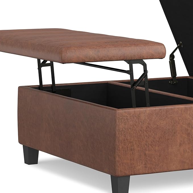 SIMPLIHOME Ellis 36 inch Wide Contemporary Square Coffee Table Storage Ottoman in Distressed Saddle Brown Vegan Faux Leather, Assembled, For the Living Room and Bedroom