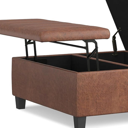 SIMPLIHOME Ellis 36 inch Wide Contemporary Square Coffee Table Storage Ottoman in Distressed Saddle Brown Vegan Faux Leather, Assembled, For the Living Room and Bedroom