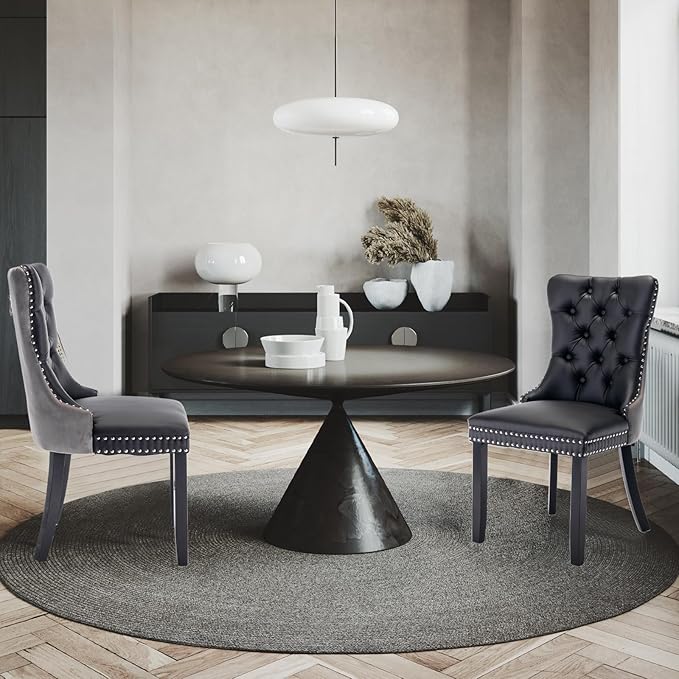 Leather Upholstered Dining Chairs Set of 2, Modern Style Kitchen Side Chairs with Nailhead Trim and Wood Leg, Metal Pulling Ring for Dining Room Living Room(Black&Grey,Set of 2)