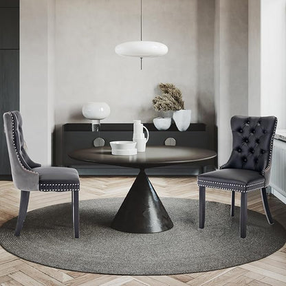 Leather Upholstered Dining Chairs Set of 2, Modern Style Kitchen Side Chairs with Nailhead Trim and Wood Leg, Metal Pulling Ring for Dining Room Living Room(Black&Grey,Set of 2)