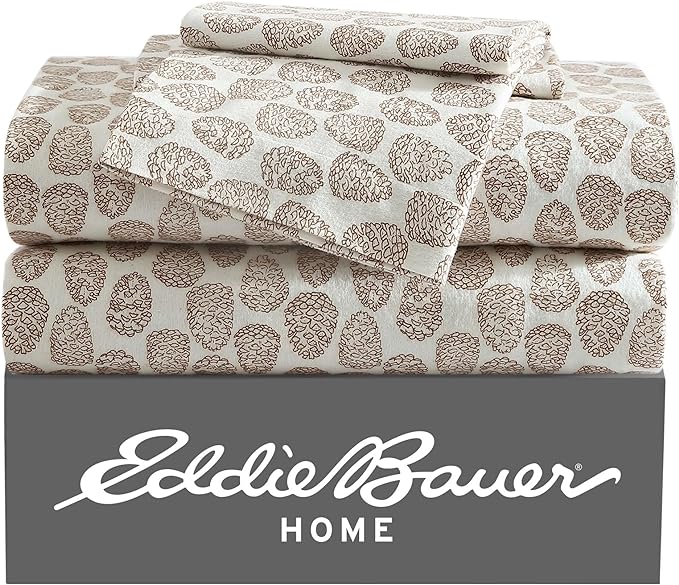Eddie Bauer - King Sheets, Cotton Flannel Bedding Set, Brushed For Extra Softness, Cozy Home Decor (Little Creek Pine Cone Beige, King)