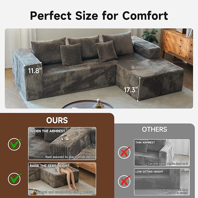 Upgrade 108’’ L Shape Cloud Couch, Plush Corduroy Sectional Sofa with Chaise, Boneless Couches for Living Room Bedroom, No Assembly Required (Khaki, Right Facing Chaise)