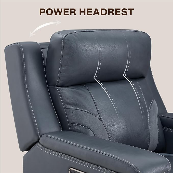 Watson & Whitely Genuine Leather Electric Recliner Chairs for Adults, Lay Flat Recliner with Power Headrest & Chargers for Living Room, Blue