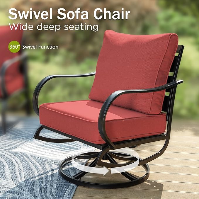 PHI VILLA 8 PCS Patio Furniture Set with Fire Pit Table,Metal Outdoor Furniture with 1 x 3-Seat Bench Sofa, 2 x Swivel Sofa Chairs, 2 x Leg Chair & 2 x Ottoman, Modern Patio Set, Red