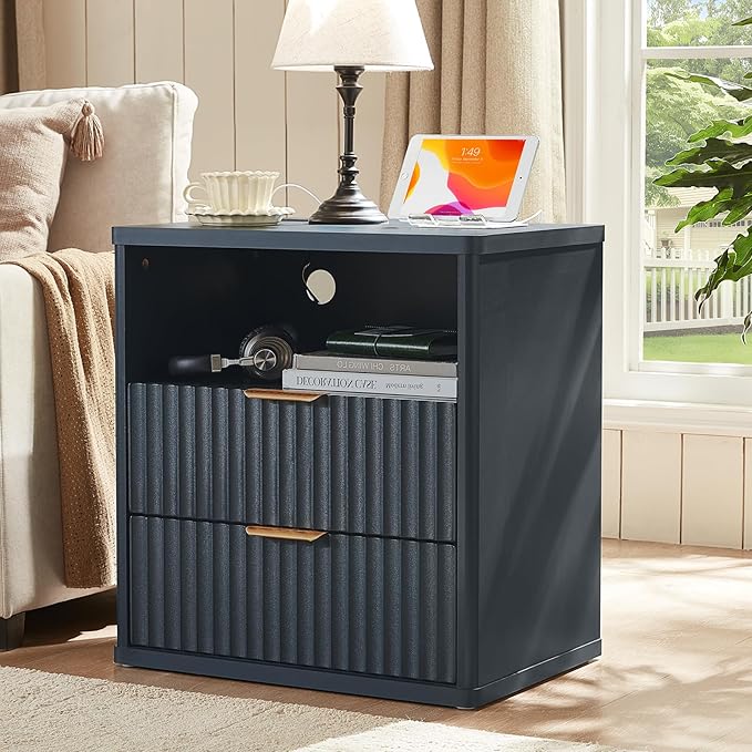 LEYAOYAO Fluted Nightstand Set of 2 with Charging Station,23" Modern Nightstand with Woodgrain Top, 2 Drawer End Table w/Storage, BedsideTables for Bedroom, Living Room, Curved Profile,Blue