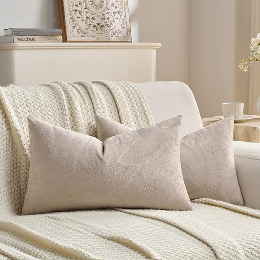 FUTEI Oatmeal Velvet Throw Pillow Covers 12x20 Inch Set of 2,Soft Embossed Leaf-Relief Textured Lumbar Pillow Cases,Natural Home Decor for Couch Living Room