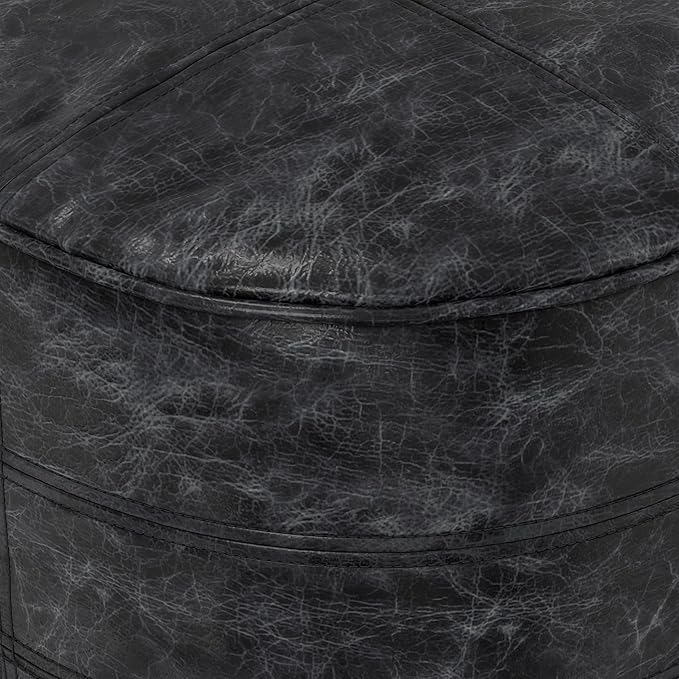 SIMPLIHOME Connor Boho Round Pouf in Distressed Black Genuine Leather for the Living Room, Bedroom and Kids Room
