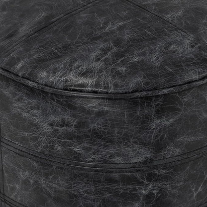 SIMPLIHOME Connor Boho Round Pouf in Distressed Black Genuine Leather for the Living Room, Bedroom and Kids Room