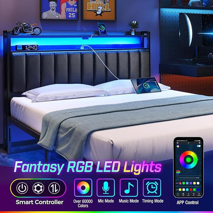 Rolanstar Headboard for Queen Size Bed with Storage, 60,000 DIY Color of LED Light, Head Board with USB, Type C Port, Height Adjustable, Black Upholstered Cabeceras de Cama Comfortable Modern, Leather