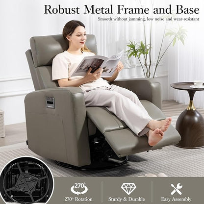 Genuine Leather Power Swivel Recliner Chair, Glider Electric Rocking Chair for Adults. Nursery Rocker Sofa Chair with Adjustable Headrest for Living Room. Wireless Charging/Type-C&USB, Grey