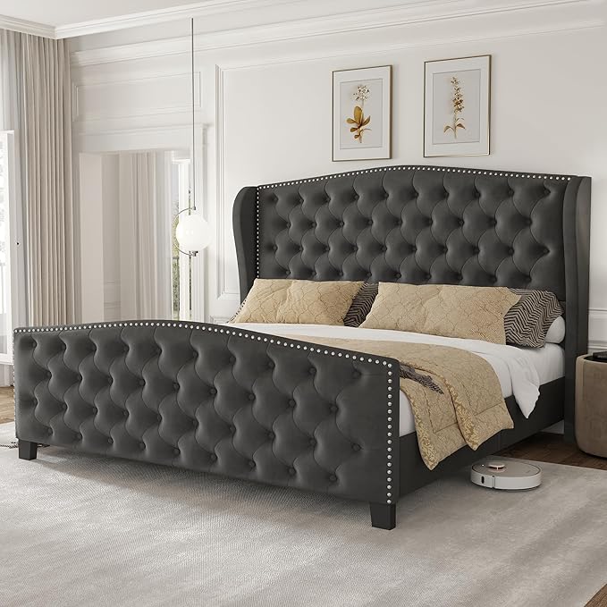 LARMACE Queen Size Bed Frame Velvet Upholstered Platform Bed with Wingback Headboard & Footbaord, Deep Button Tufted Bed Frame with Wood Slats Support, No Box Spring Needed, Grey
