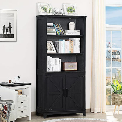 70in Tall Bookshelf 5 Tier Bookcase with Barn Doors and Adjustable Shelves, Black Farmhouse Book Shelf with Storage Cabinet, Wood Freestanding Display Bookshelves for Bedroom, Living Room