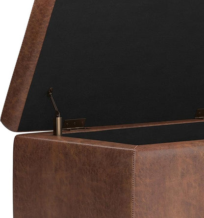 SIMPLIHOME Hamilton 48 inch Wide Transitional Rectangle Storage Ottoman in Distressed Umber Brown Vegan Faux Leather, Assembled, For the Living Room, Entryway and Family Room