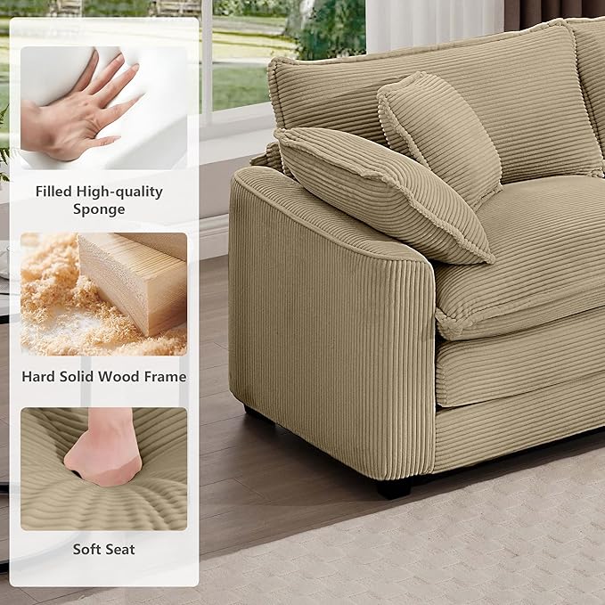 mikibama Luxury 2 Piece Sofa Set, Loveseat Couch & Sofa Armchair Set, Modern Corduroy Comfy Cloud Couches Set for Living Room Office with 2 Armrest Pillows and 3 Toss Pillows, Camel