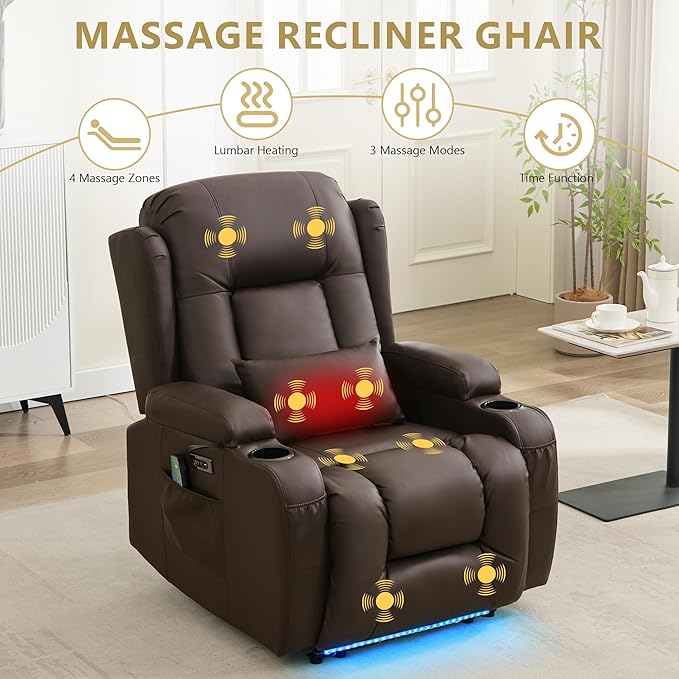 Power Recliner Chair with Heat and Massage, PU Leather Recliner Chair with Cup Holder, Reclining Sofa Home Theater Seating with LED Ambient Light, Side Pockets for Living Room and Bedroom, Brown