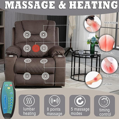 Large Power Lift Recliner Chair Sofa with Massage and Heat for Big and Tall Elderly,Infinite Positions,Single Motor,Cup Holders,and USB Ports,Velvet Home Theater Seat