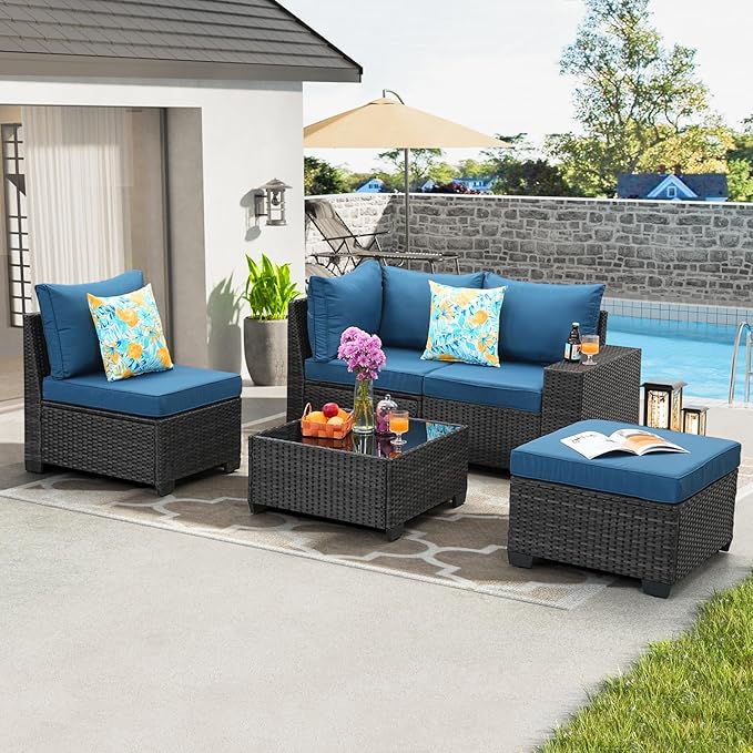 5 Pieces Patio Furniture Set All-Weather Outdoor Wicker Sectional Conversation Sofa Rattan Patio Seating Sofa with Cushion and Glass Table and Ottoman for Porch Poolside,Peacock Blue