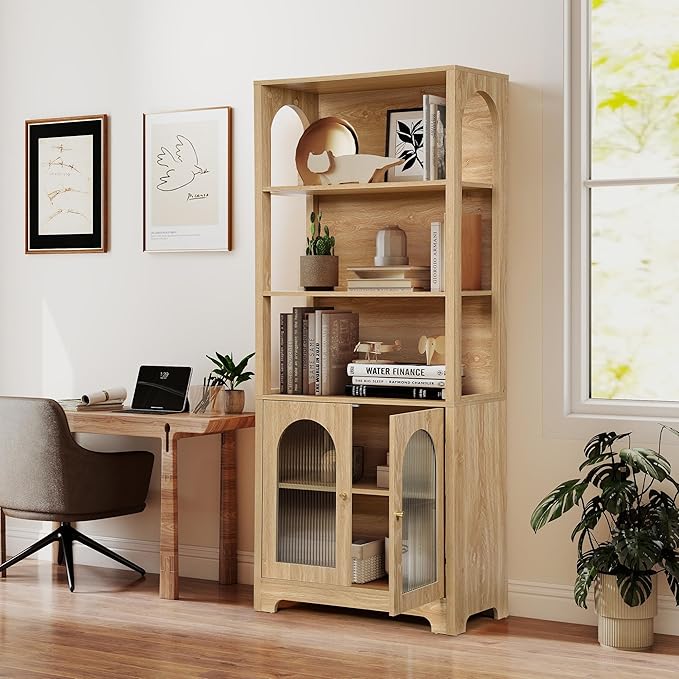 RARZOE Set of 2 Bookshelves and Bookcases, 5-Tier Arched Bookshelf with Glass Doors, Floor Standing 5 Shelf Book case, Wood Display Cabinet Storage Organizer for Living Room, Bedroom, Office(Natural)