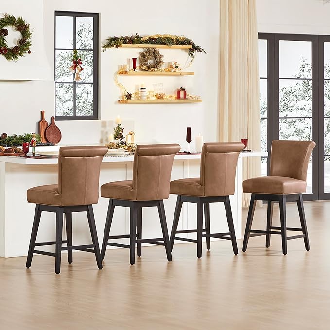 CHITA 26 Inch Counter Height Swivel Bar Stools Set of 4, FSC Certified Modern Upholstered Faux Leather Swivel Barstool Chair with Back, Saddle Brown
