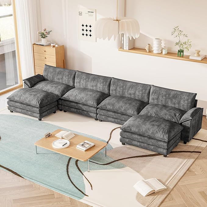 Furniwell Modular Sectional Sofa with Moveable Ottoman, Oversized 3-Seater Couch with Supportive Backrest, Chenille Convertible Sofa Couches for Living Room/Apartment (Grey, U Shaped)