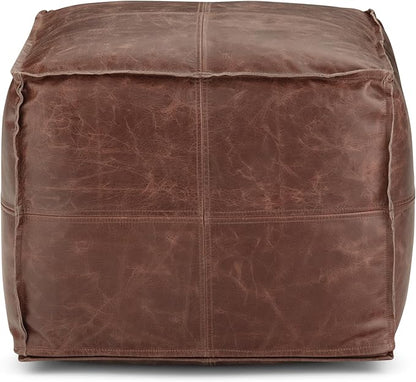 SIMPLIHOME Sheffield Square Pouf - 18 inch Wide Genuine Leather Ottoman in Brown, Boho-Style Footrest, Extra Seating, or Accent Piece for Living Room or Bedroom, Assembled