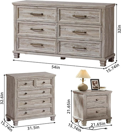 Farmhouse Bedroom Dresser and Nightstand Set of 4, 6 Drawer Low & 5 Drawers Dresser & 2 Drawer Nightstand Set, Rustic Wood Bedroom Furniture Set for Livingroom, Hallway, Grey