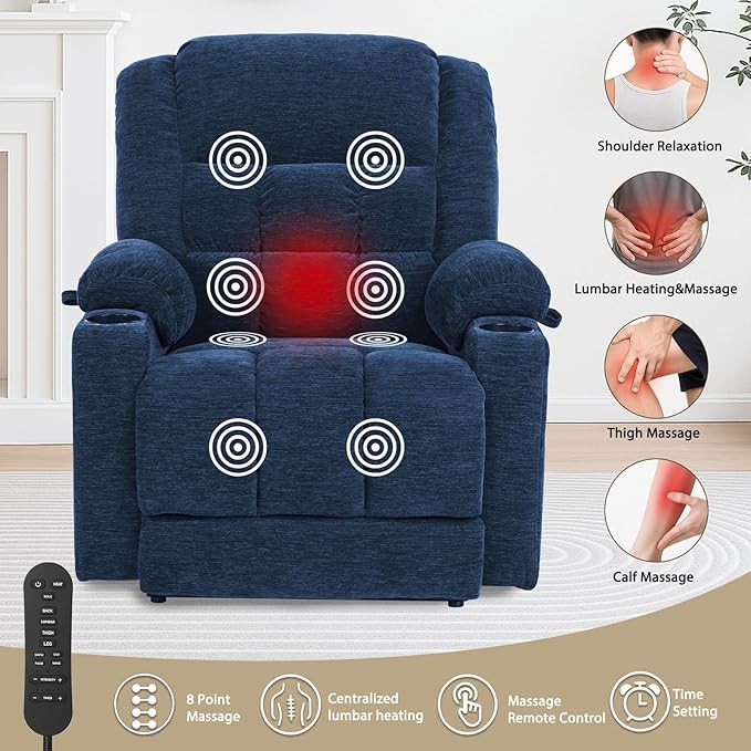 EONIX Dual Motor Lay Flat Power Lift Recliner Chair for Elderly, Electric Recliner Lift Chair for Adults with Cup Holders, 400lbs Heavy Duty Power Lift Sofa with Heat and Massage, Navy Blue