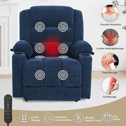 EONIX Dual Motor Lay Flat Power Lift Recliner Chair for Elderly, Electric Recliner Lift Chair for Adults with Cup Holders, 400lbs Heavy Duty Power Lift Sofa with Heat and Massage, Navy Blue