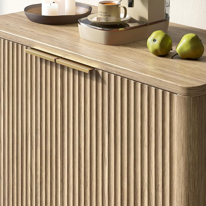 Evermagin 31.5" Oak Buffet Cabinet with Storage, Small Sideboard Cabinet, Boho Accent Credenza, Fluted Console Table with Doors for Dining Room, Kitchen, and Living Room