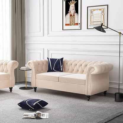 Chesterfield Loveseat Sofa, Modern Velvet Small Sofa Couch 2 Seater with Rolled Arms and Nailhead, Mid Century Modern Loveseat Couch for Small Spaces Living Room Bedroom Apartment, Beige