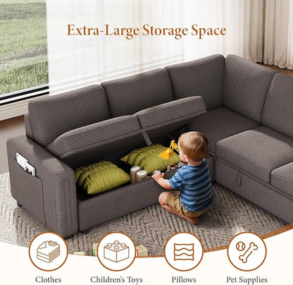 Vesgantti 88.4" Sleeper Sectional Couch with Pull Out Bed, 5 Seater L Shaped Modular Sectional Sofa with Storage, Comfy Corduroy Modular Sofa for Living Room, Bedroom, Apartment, Light Coffee