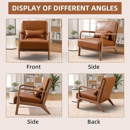 Accent Chair Mid Century Modern Chair PU Leather Living Room Chairs with Solid Wood Frame Comfy Upholstered and Lumbar Pillow Reading Side Chair Easy Assembly for Living Room, PU Brown