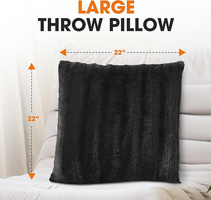 Cheer Collection Faux Fur Throw Pillows - Decorative Pillows for Couch, Bed Throw Pillows, Black Accent Pillows for Bedroom or Living Room Aesthetic, Set of 2 Furry Throw Pillows, 22" x 22"