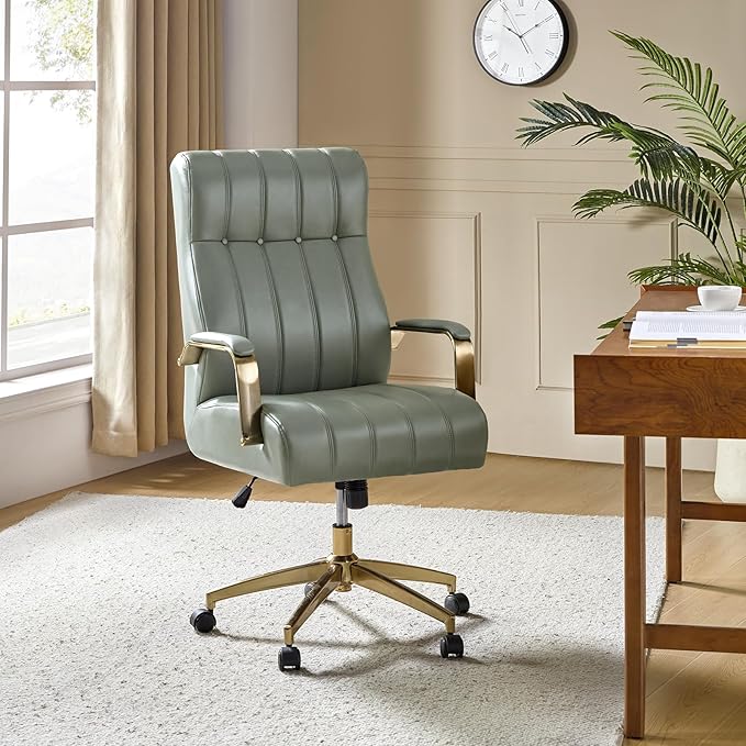 HULALA HOME Modern Executive Office Chair, Faux Leather Tufted Ergonomic Desk Chair with Gold Plated Base & Armrests, 360° Swivel Adjustable Height Tilt Home Office Chair for Work/Study