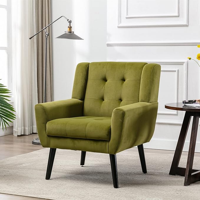 Dolonm Midcentury Modern Accent Chair with Arms, Upholstered Fabric Reading Side Chair Tufted Back Decorative Wingback Chair for Living Room Bedroom (Green)