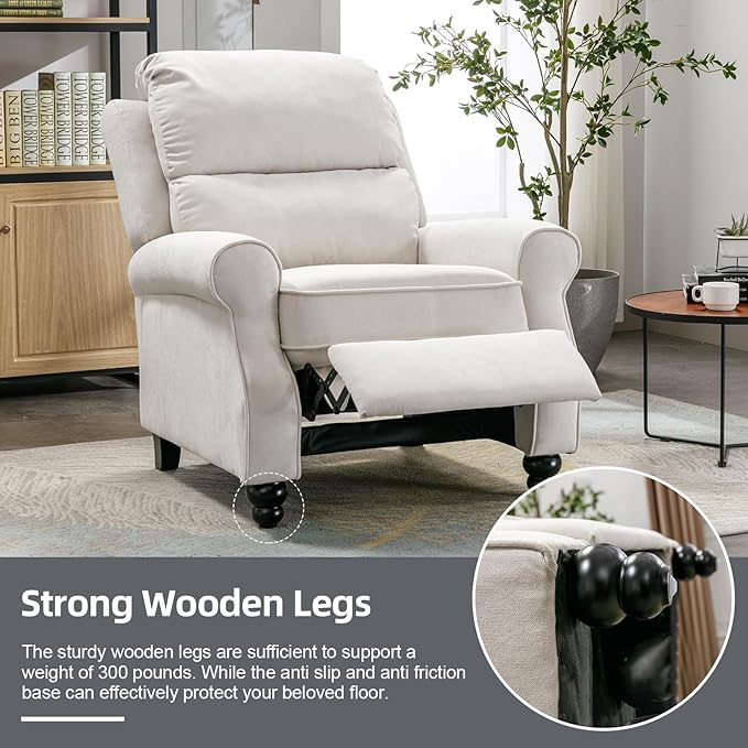 Push Back Recliner Chair, Fabric Armchair Overstuffed Pushback Recliner, Heavy Duty Single Sofa Chair with Padded Seat Solid Wood Legs for Living Room (White)