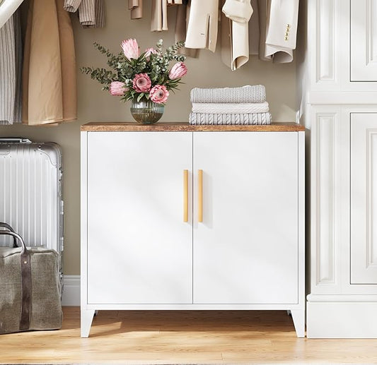 Letaya Storage Cabinet with 2 Doors,Adjustable Shelf, 16" Dx 32" Wx30 H Inches,Metal Sideboard Floor Cabinet for Entryway, Kitchen, White (White)
