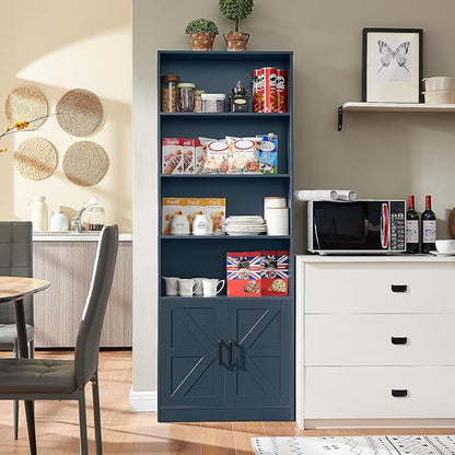 70in Tall Bookshelf 6 Tier Bookcase with Barn Doors and Adjustable Shelf, Blue Farmhouse Book Shelves with Storage Cabinet, Wood Floor Standing Display Bookshelve for Bedroom,Living Room,Kitchen
