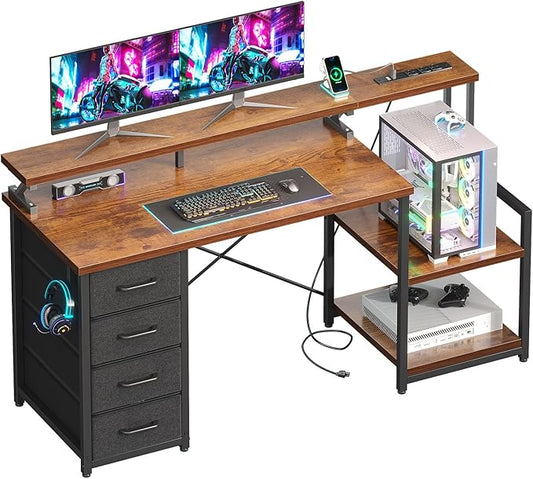 ODK 55 Inch Computer Desk with 4 Drawers, Office Desk with Power Outlets, Printer Shelf & Storage Shelves, Large Writing Study Table for Home, Bedroom, Study or Gaming Setup, Vintage