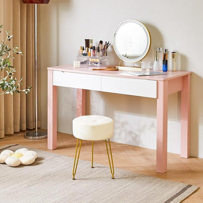 IBUYKE Faux Leather Round Footrest Stool, Makeup Vanity Stool Side Table, PU Dressing Table Seat, Pouf Couch Stool, Golden Steel Legs, White LG-31W