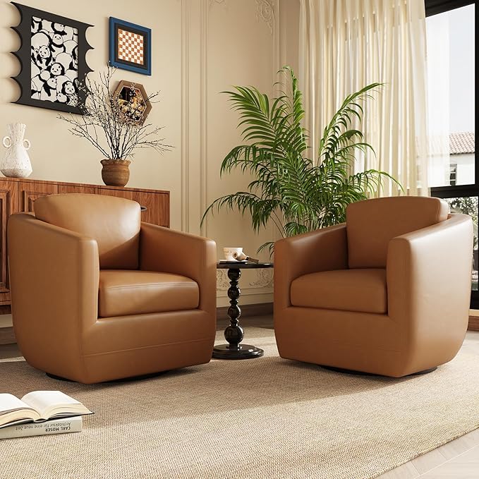 360° Comfy Swivel Accent Armchair with Pillow - Fully Assembled Living Room Single Sofa No-Sag Foam & Sturdy Metal Base, Swivel Accent Chair for Bedroom Living Room, Office, Brown