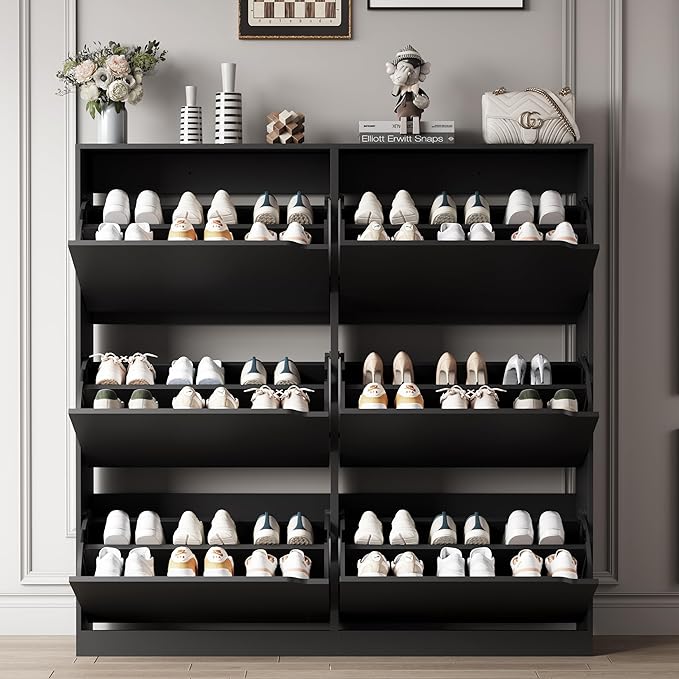Shoe Storage Cabinet for Entryway with 6 Flip Drawers, Sturdy Wood Hidden Shoe Storage, Freestanding Narrow Slim Shoe Organizer for Front Door Entrance, Living Room, Hallway, Bedroom, Black