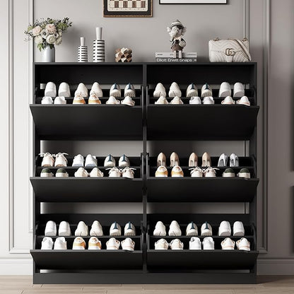 Shoe Storage Cabinet for Entryway with 6 Flip Drawers, Sturdy Wood Hidden Shoe Storage, Freestanding Narrow Slim Shoe Organizer for Front Door Entrance, Living Room, Hallway, Bedroom, Black