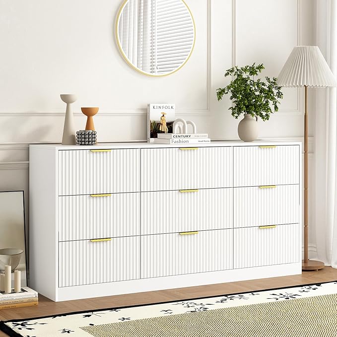 3-Piece Modern Bedroom Furniture Set, Wide 9-Drawer Dresser & 1-Drawer Nightstands Set of 2, Natural Wood Dresser and Nightstand Sets for Bedroom, Hallway, White