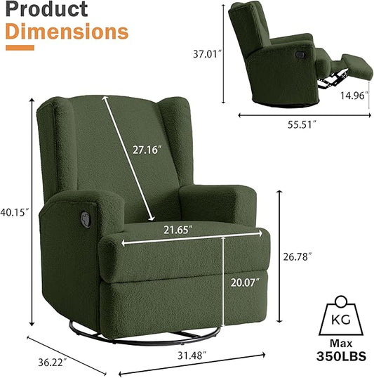 Boucle Swivel Glider Recliner Chair for Adults - Plush High Back Rocker with Deep Seat, Manual Reclining Upholstered Armchair for Living Room or Nursery, Textured Fabric Accent Chair-Green