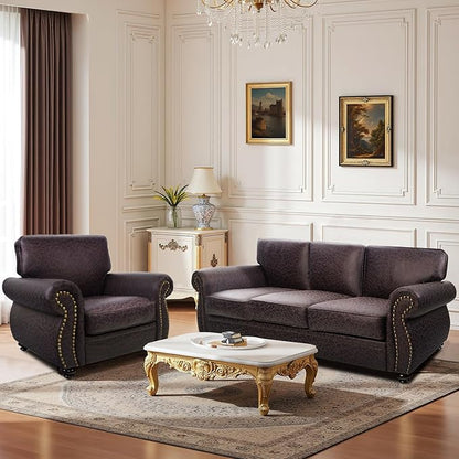 Mid-Century Vintage Sofa Couches with Rivet Design,loveseat Sofa,Removable Sofa Cover Upholstered Cushions and Solid Wood Frame (Brown, Loveseat)